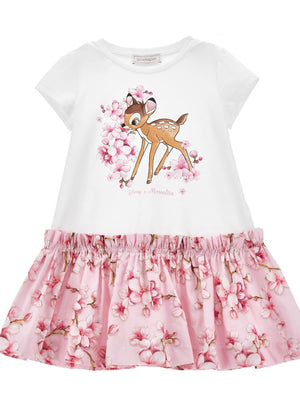 Abito bambina bianco e rosa con stampa Bambi e balza floreale