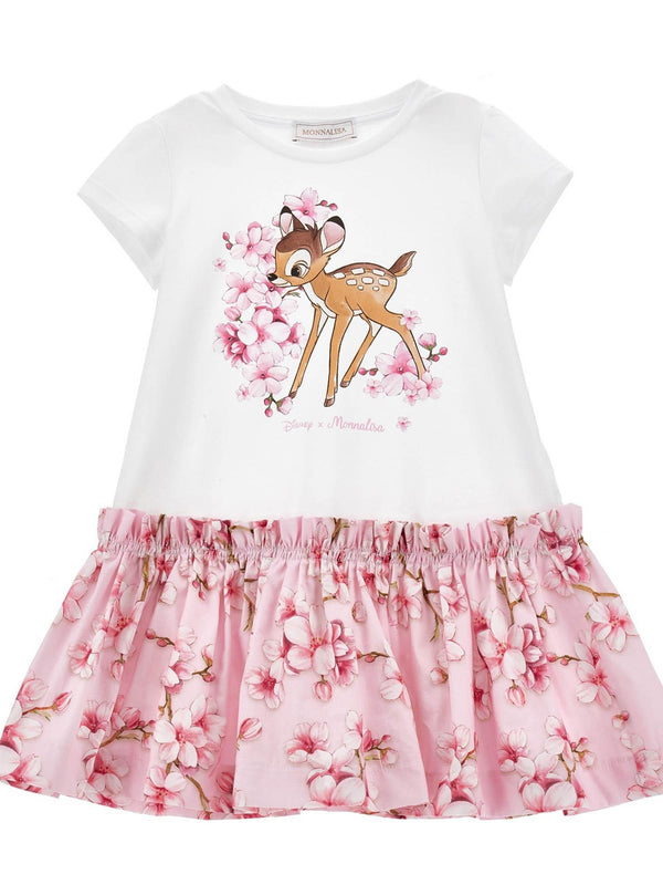 Abito bambina bianco e rosa con stampa Bambi e balza floreale