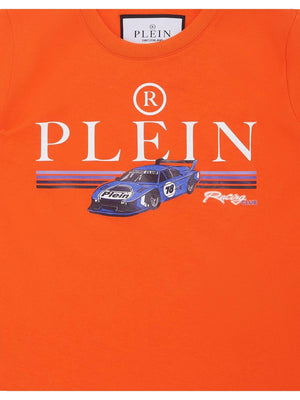 T-shirt bambino arancione con stampa auto da corsa in cotone