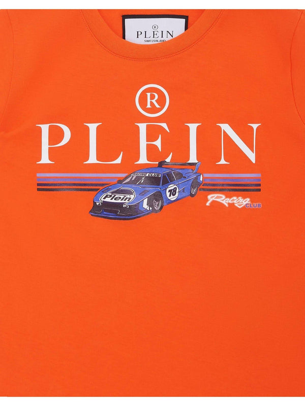 T-shirt bambino arancione con stampa auto da corsa in cotone