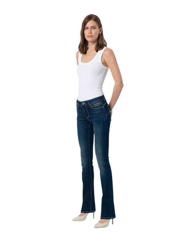 Jeans bootcut donna in denim scuro con dettagli gold