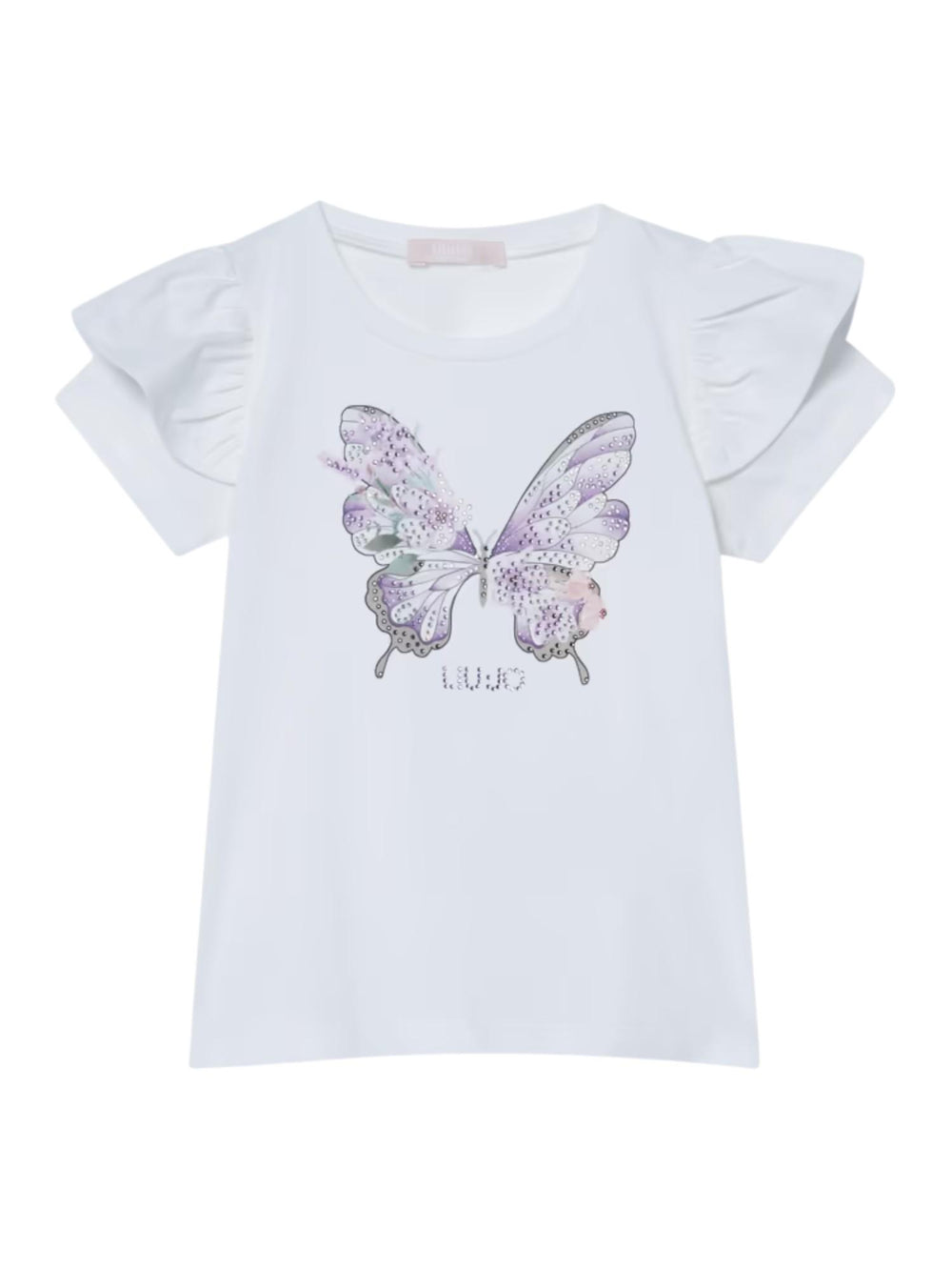 T-shirt bambina bianca con farfalla pastello e maniche a balza