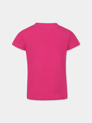 T-shirt bambina fucsia in cotone elasticizzato con logo bianco