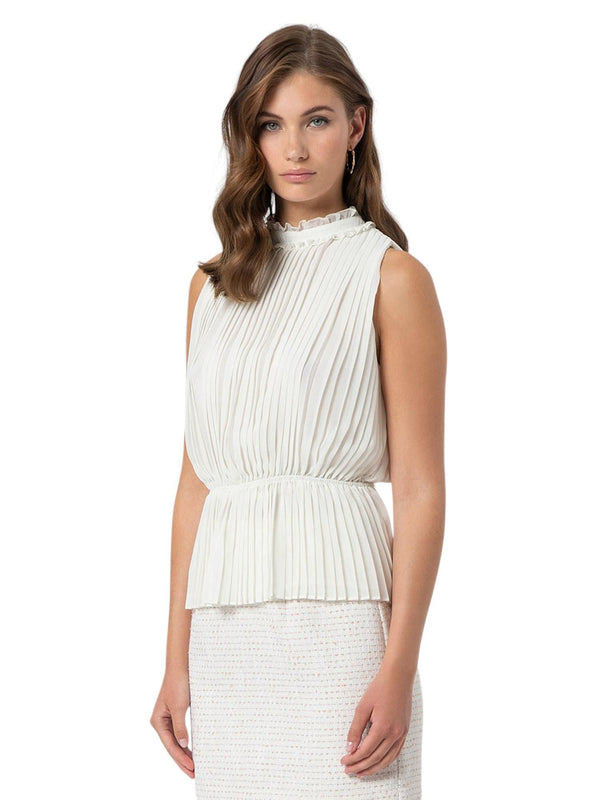 Top donna cream plissé con collo coreano