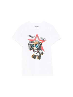T-shirt bambina bianca con stampa orsetto DJ e logo
