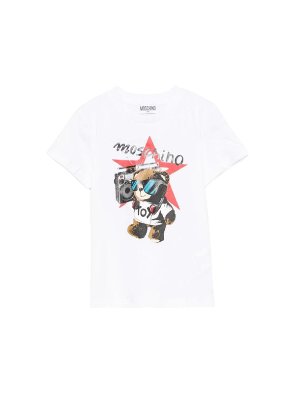 T-shirt bambina bianca con stampa orsetto DJ e logo
