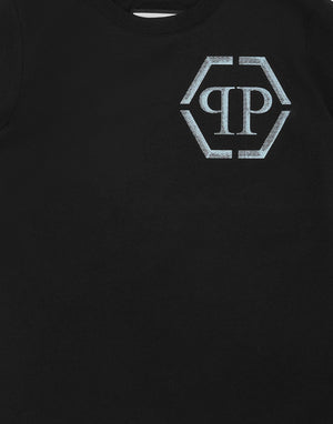 T-shirt bambino nera con logo turchese in cotone