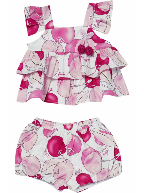 Completo neonata top a balze e coulotte fantasia ciliegie