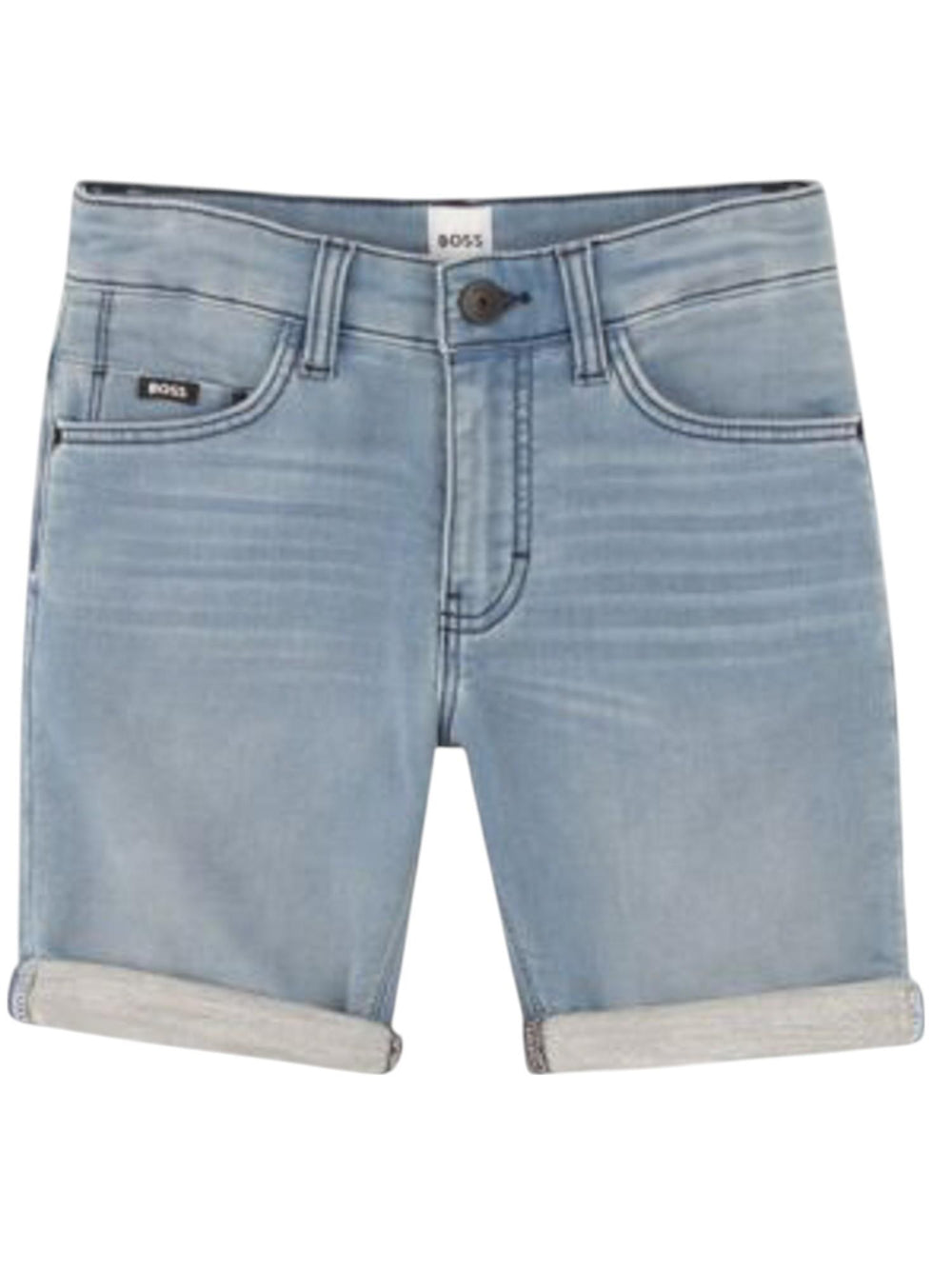 Shorts bambino in denim chiaro elasticizzato con risvolto