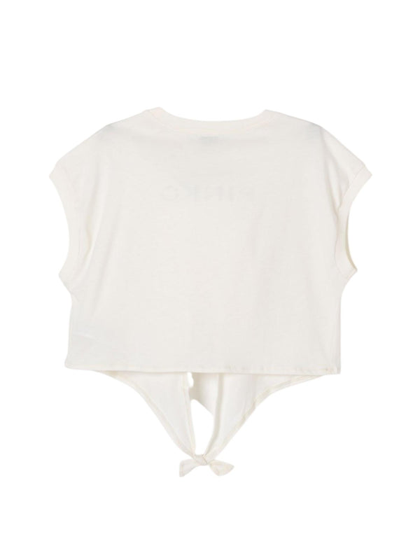 T-shirt bambina bianca con nodo frontale e logo argento
