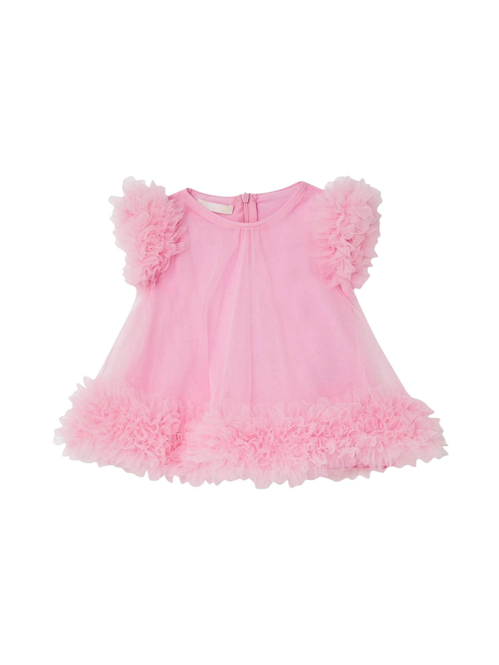 Abito bambina rosa in tulle con balze e maniche volant