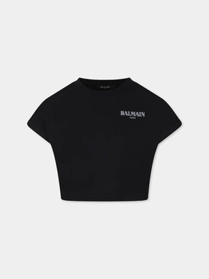 T-shirt bambina nera crop in cotone