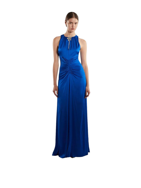 Abito lungo donna blu elettrico con dettaglio gioiello