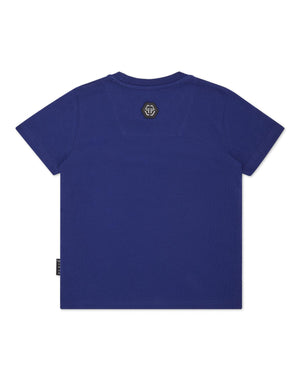 T-shirt bambino blu navy con logo turchese in cotone