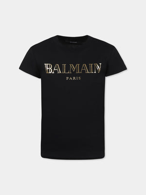 T-shirt bambina nera in cotone con stampa dorata