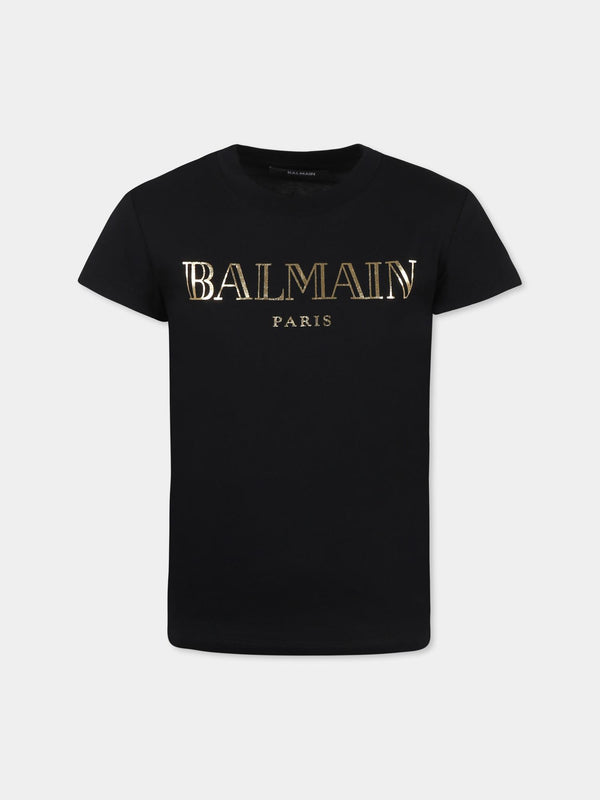 T-shirt bambina nera in cotone con stampa dorata