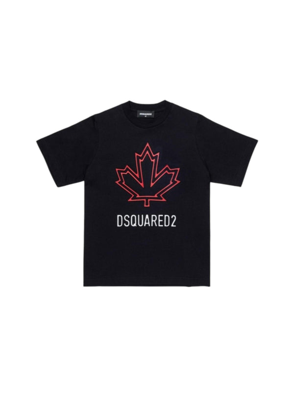 T-shirt bambino nera con foglia dacero rossa