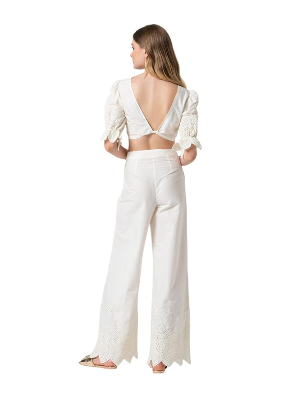 Pantaloni donna bianchi a gamba larga con ricami