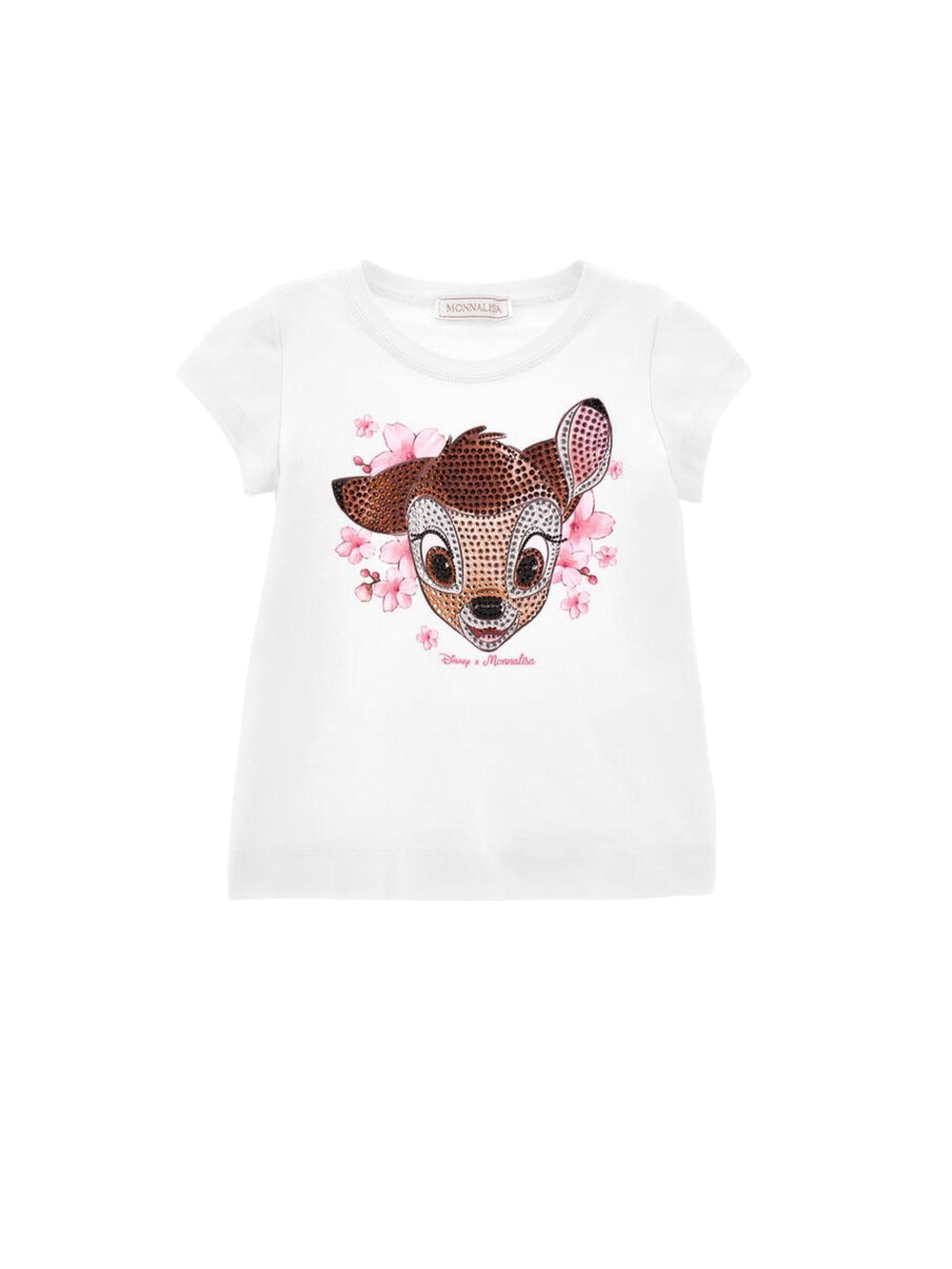 T-shirt bambina con Bambi in strass e stampa floreale