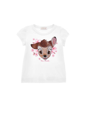 T-shirt bambina con Bambi in strass e stampa floreale