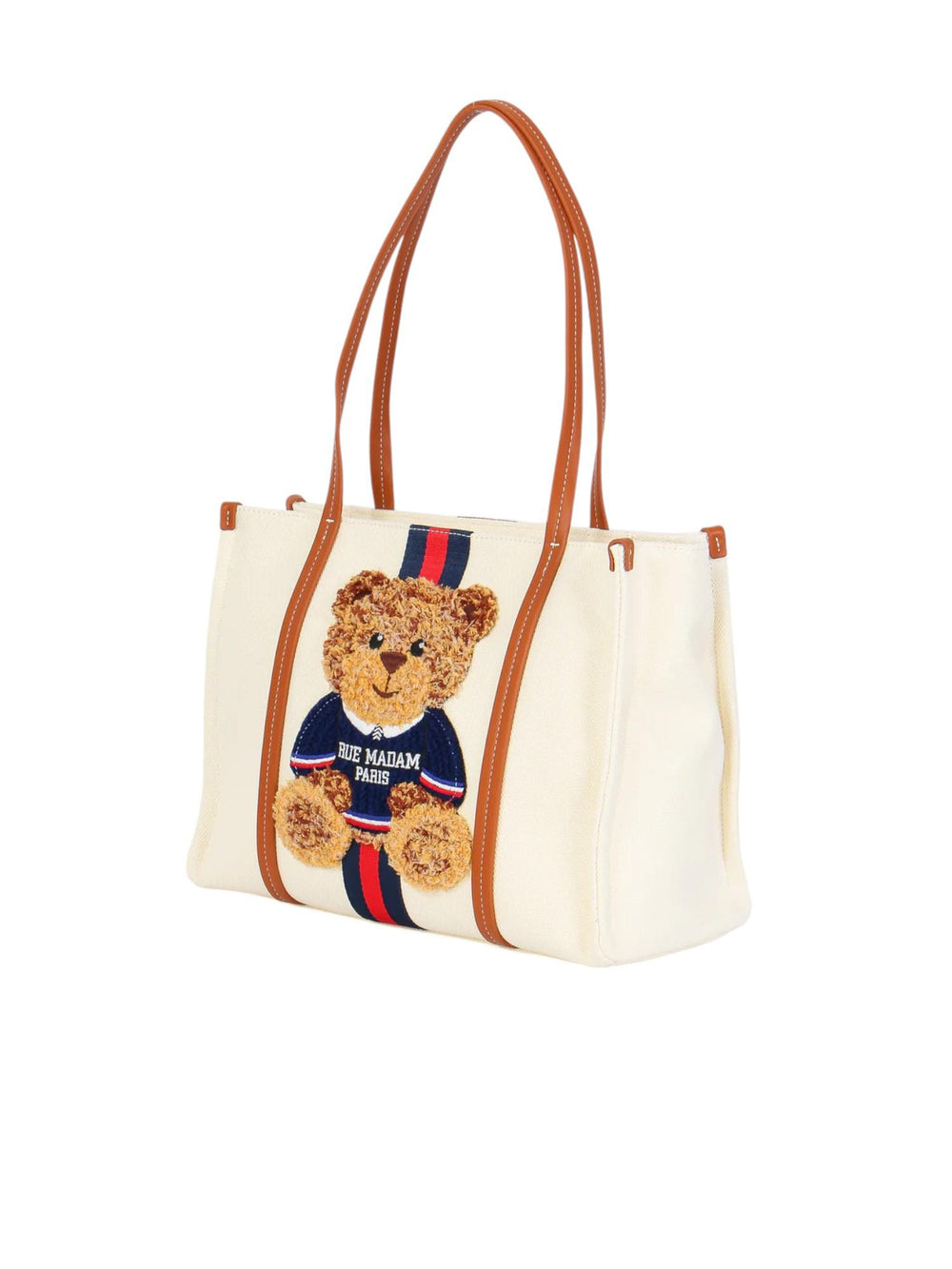 Borsa donna canvas white in cotone con orsetto ricamato