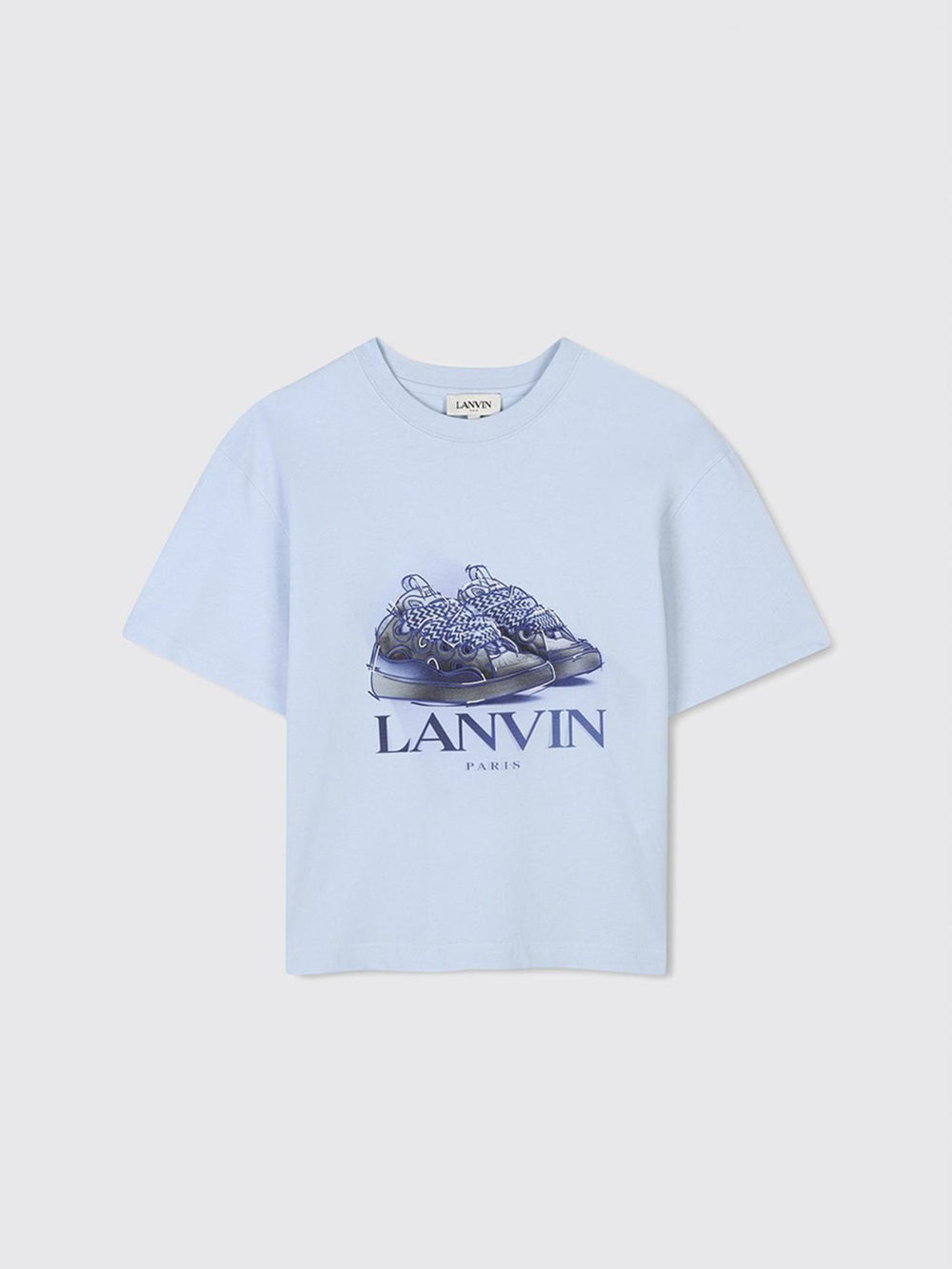 T-shirt bambino azzurra con stampa sneakers blu