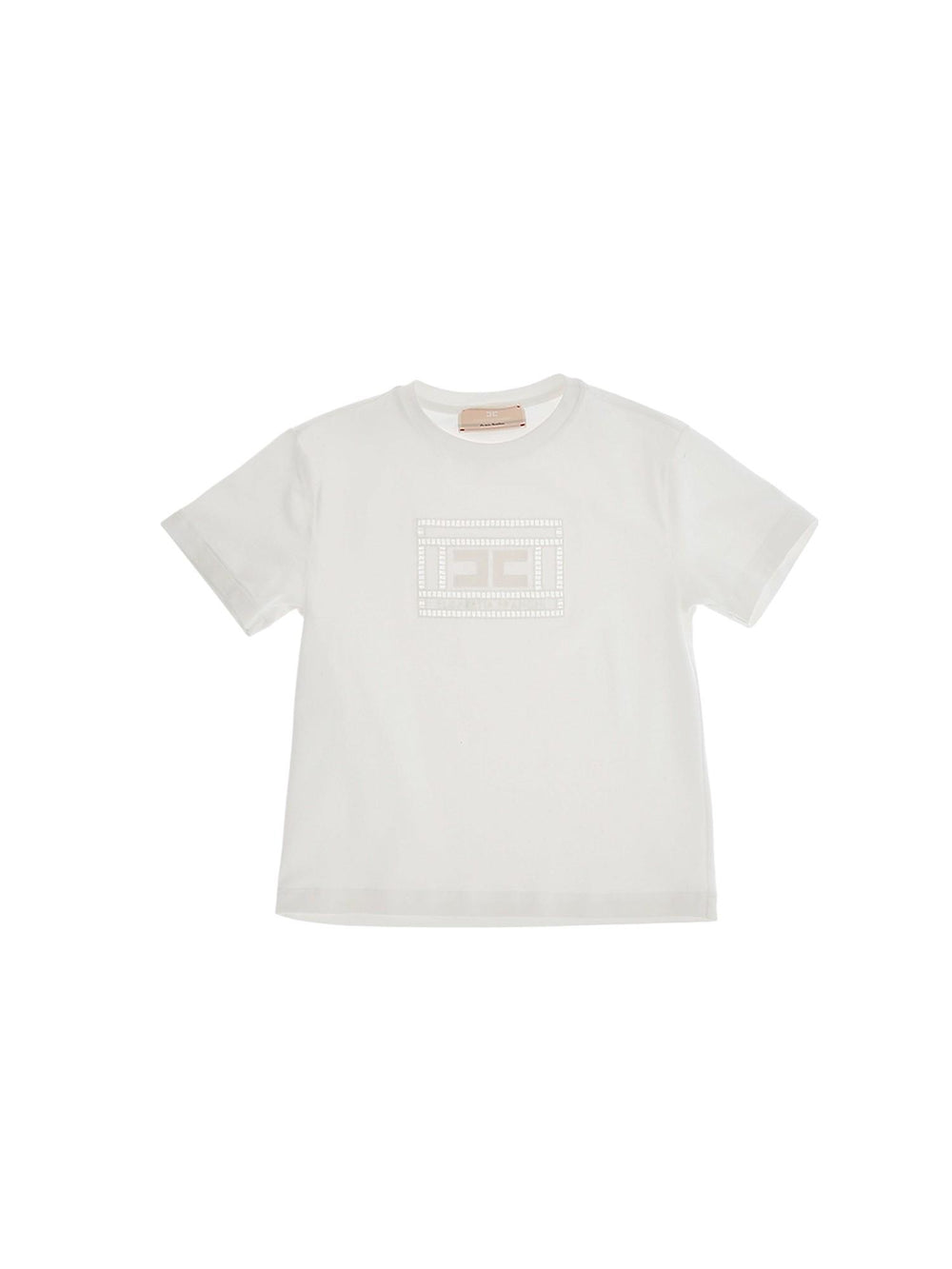 T-shirt bambina bianca con logo strass tono su tono