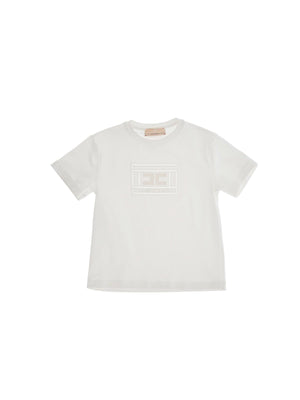 T-shirt bambina bianca con logo strass tono su tono