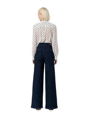 Pantaloni palazzo donna in denim scuro con bottoni