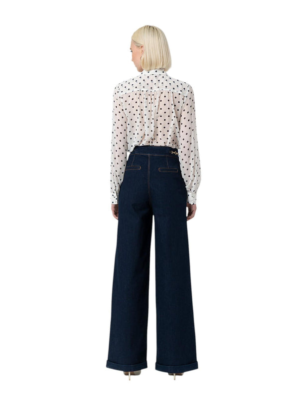 Pantaloni palazzo donna in denim scuro con bottoni