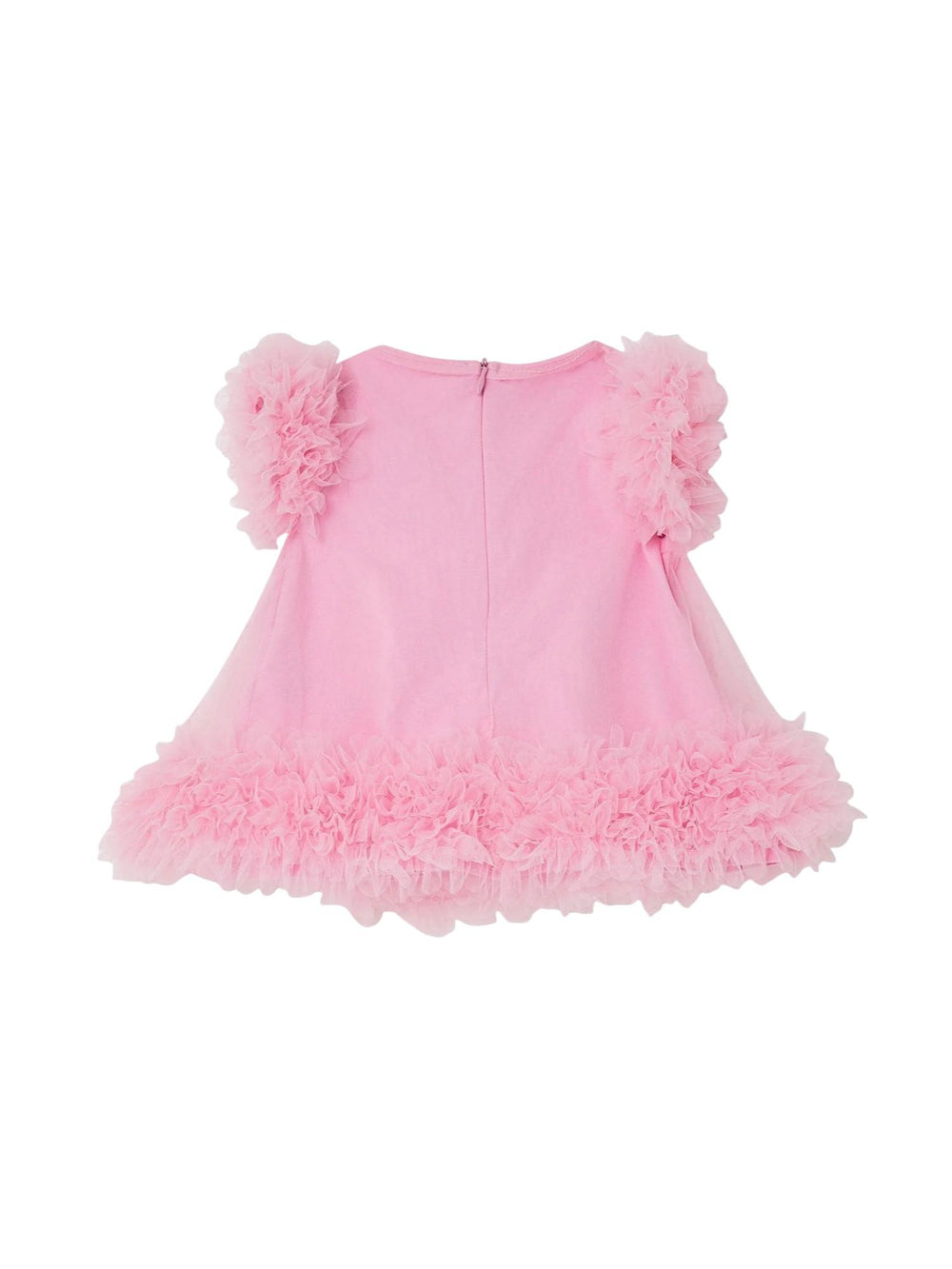 Abito bambina rosa in tulle con balze e maniche volant
