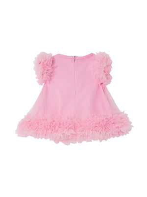 Abito bambina rosa in tulle con balze e maniche volant