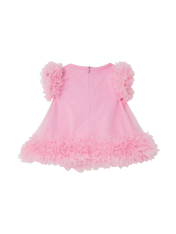 Abito bambina rosa in tulle con balze e maniche volant