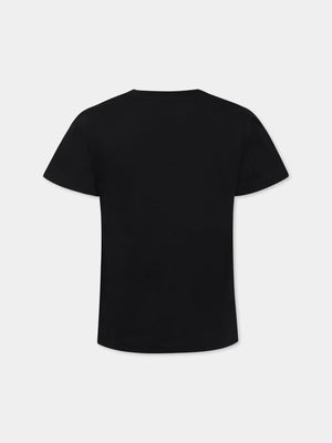 T-shirt bambina nera in cotone con logo strass