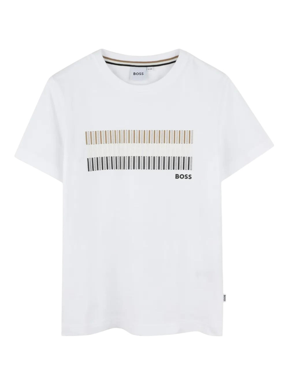 T-shirt bambino bianca con stampa grafica a righe e logo