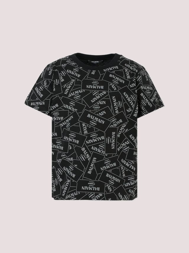 T-shirt nera per bambini con logo all over BX8Q11 Z3186 /930BC BALMAIN 