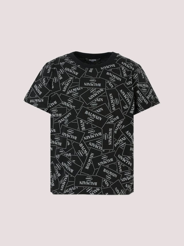 T-shirt nera per bambini con logo all over BX8Q11 Z3186 /930BC BALMAIN 