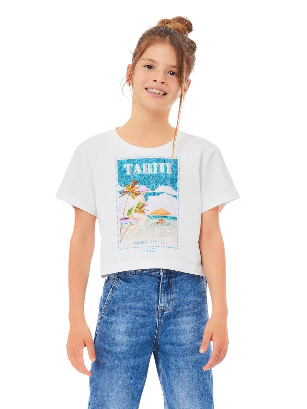 T-shirt bambina bianca con stampa Tahiti e strass
