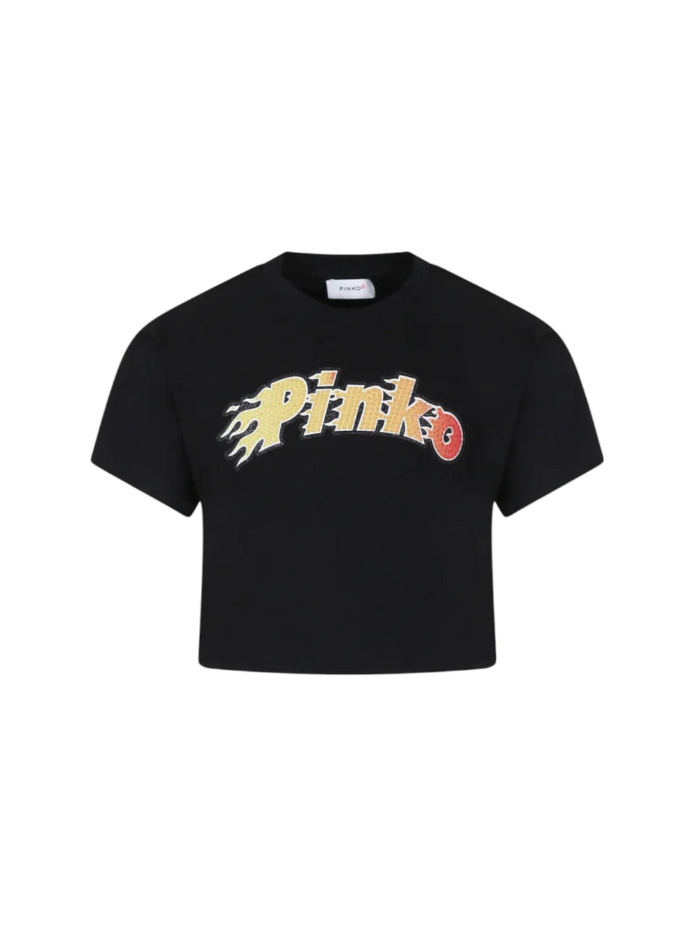T-shirt bambina nera con stampa logo fiamme glitter