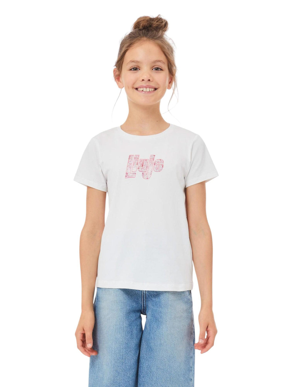 T-shirt bambina bianca con logo rosa