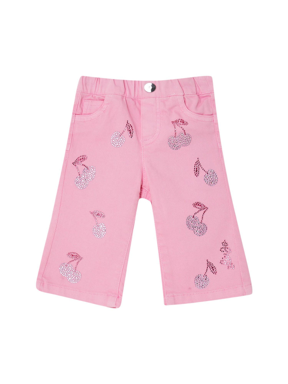 Pantaloni bambina rosa con ciliegie in strass