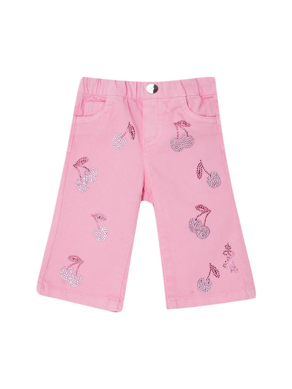 Pantaloni bambina rosa con ciliegie in strass