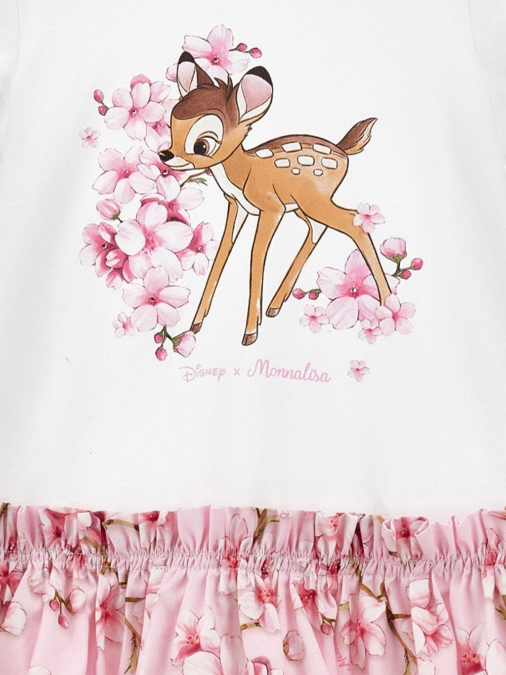 Abito bambina bianco e rosa con stampa Bambi e balza floreale