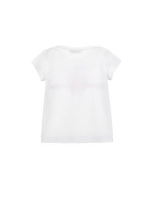 T-shirt bambina bianca in cotone con stampa floreale e fiocco
