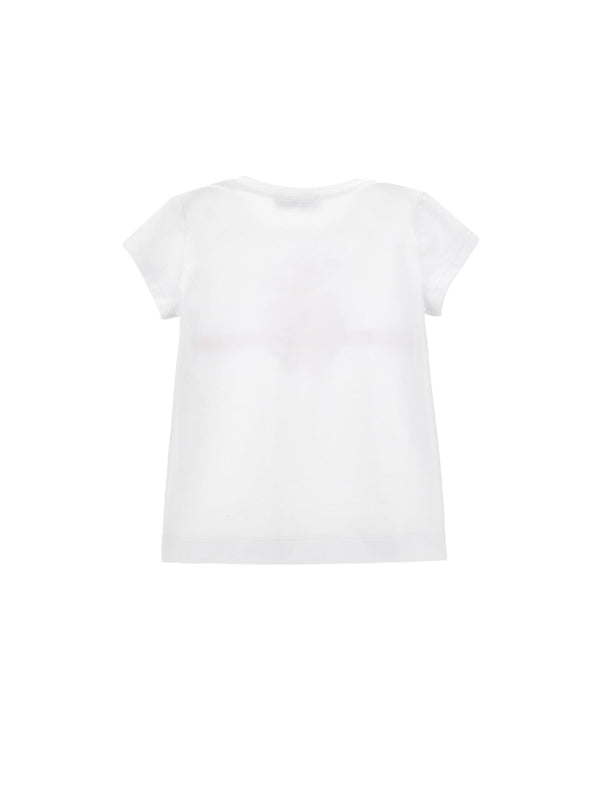 T-shirt bambina bianca in cotone con stampa floreale e fiocco