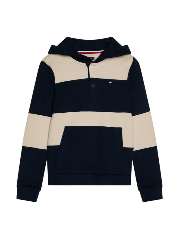 Felpa bambino a righe beige e blu in cotone rigenerativo