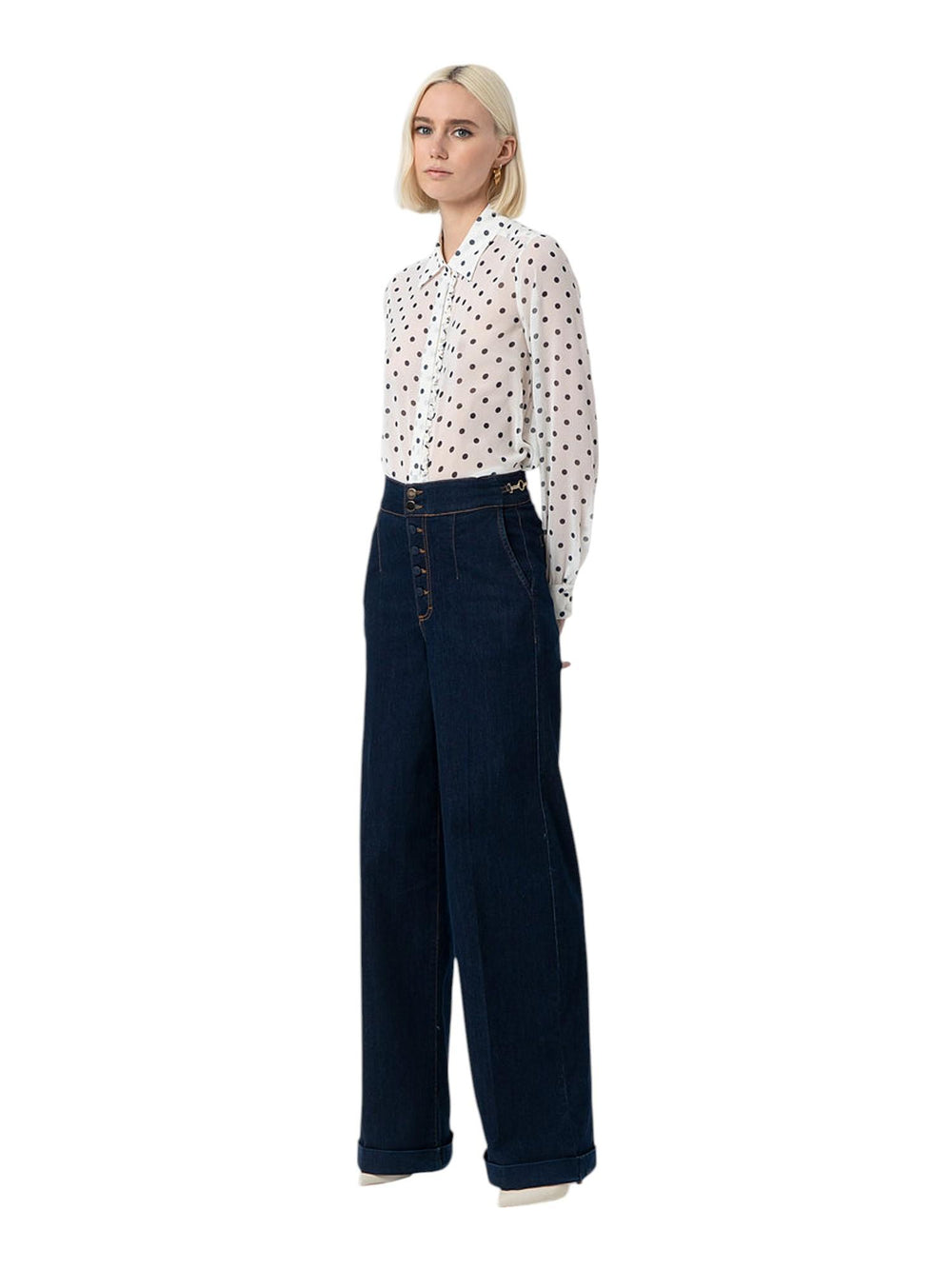 Pantaloni palazzo donna in denim scuro con bottoni