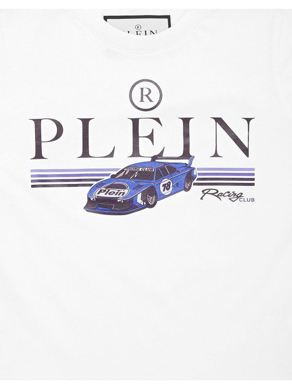 T-shirt bambino bianca con stampa supercar e logo