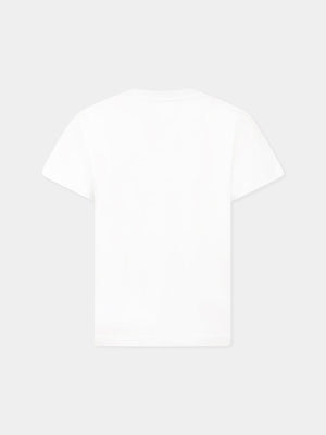 T-shirt bambina bianca in cotone con logo strass