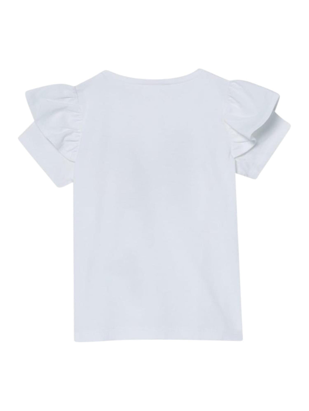 T-shirt bambina bianca con farfalla pastello e maniche a balza